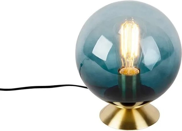 QAZQA Art Deco Tischlampe aus Messing mit blauem Kugellampenschirm aus Glas, dimmbar - Bild 1