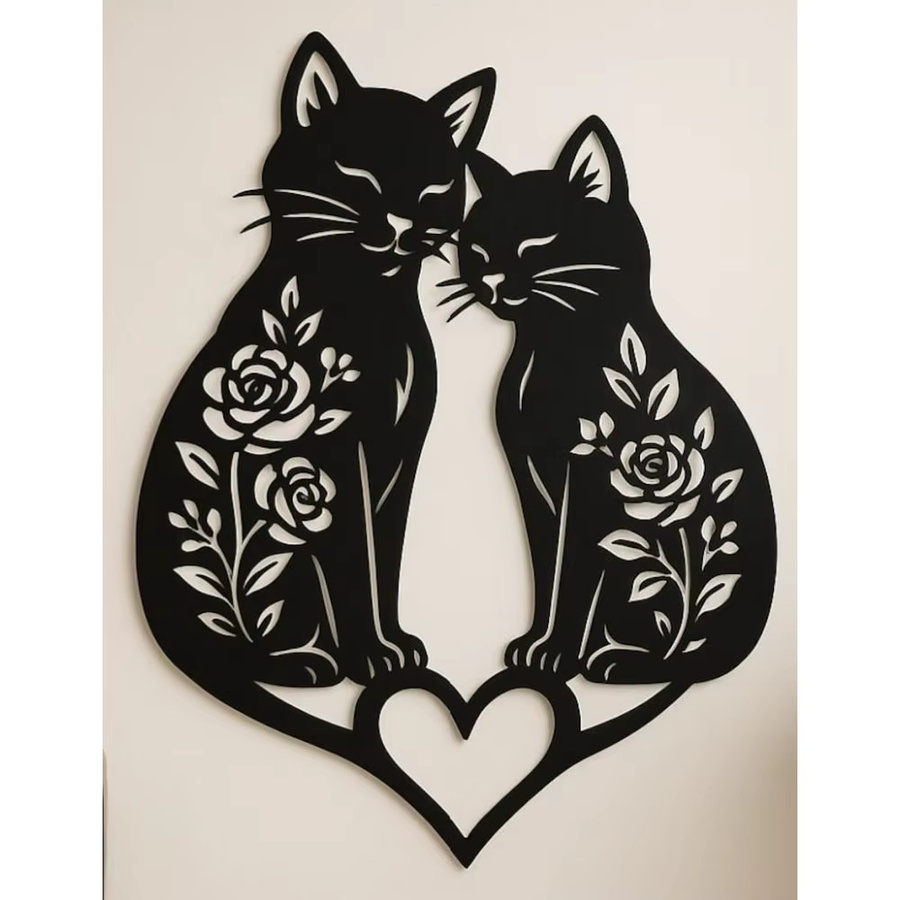 CIFBUY Wandkunst aus Metall mit Katzen- und Herzmotiv in Schwarz als romantische Dekoration - Bild 2