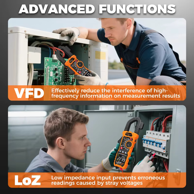 POROMETISTO Digitales Zangenmessgerät CM02 in Orange mit True RMS, 6000 Zählungen, 1000 A AC/DC, Kapazität, Temperatur, NCV, Ohm und Hz-Tester - Bild 5
