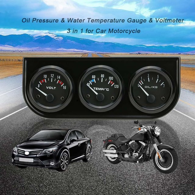 VehicleKit 3-in-1 Elektronisches Dreifach-Messgerät in Schwarz mit Öldruckanzeige, Wassertemperaturanzeige und Voltmeter (52 mm) - Bild 1