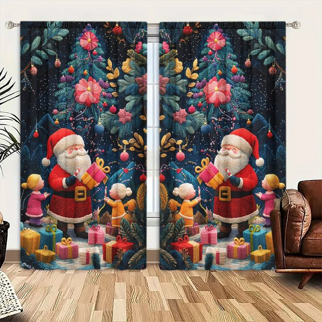 2er-Set bestickte Weihnachtsmann Vorhänge mit Geschenken in Schwarz, B: 52,5 cm, H: 116 cm - Bild 1