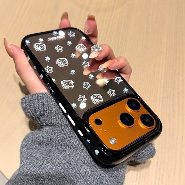 Sanrio Hello Kitty Handyhülle mit Make-up-Spiegel und Sternlinien für iPhone 17, 16, 15, 14, 13 Pro Max in Schwarz - Bild 1