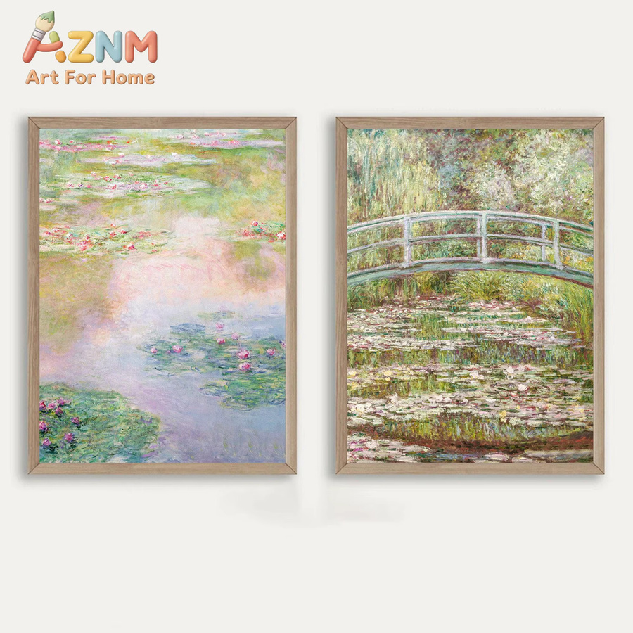 Set aus 2 Wandpostern im Vintage-Stil mit Claude Monet Gemälden, abstrakte Blumenmotive in Mehrfarbig, rechteckige Papierdrucke von AZNM - Bild 2