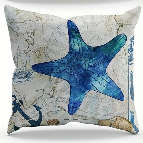 Dekorativer Kissenbezug von ZX Blanket mit Ozean-Motiv Schildkröte Seepferdchen und Seestern in Blau, Material: Polyester, B/T/H: 40 x 40 x 0 cm - Bild 1