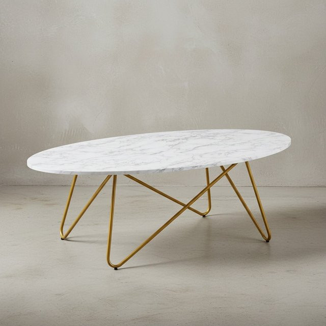 KADIMA DESIGN Couchtisch in Marmor-Optik mit ovaler Form und goldfarbenem Gestell, B/T/H: 120 x 40 x 60 cm - Bild 1