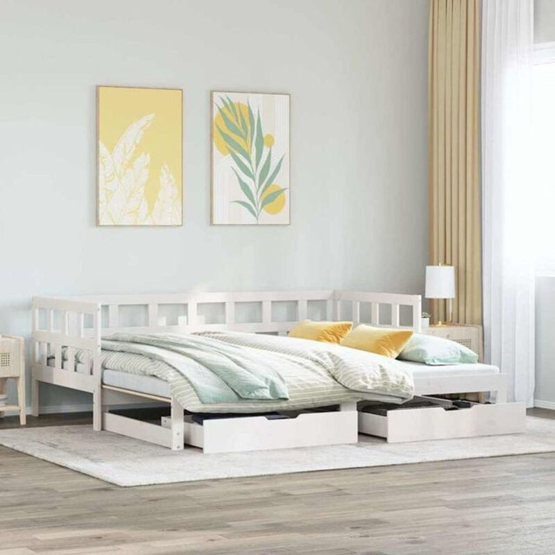 Ausziehbares Tagesbett mit Schubladen aus Kiefer Massivholz in Weiß von Vidaxl, B/T: 190 x 90 cm - Bild 1
