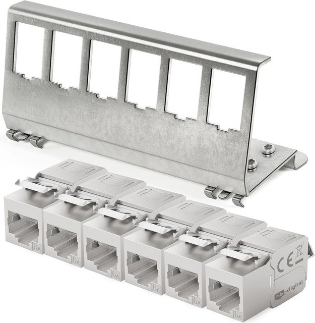 hb-digital Hutschienenadapter 6 Port mit CAT 6a Keystone Modul RJ45 in Silber - Bild 1