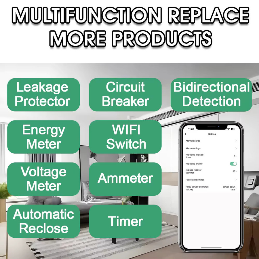 EARU Tuya WiFi Smart Bidirektionaler Energiezähler kWh-Meter mit Unter- und Überspannungsschutz sowie Strom- und Erdschluss-Schutzrelais in Weiß - Bild 3