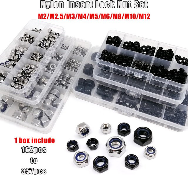 HZYUEGOU Set Selbstsichernde Muttern M2 bis M12 aus 304 Edelstahl und schwarzem Stahl, 357/200/162 Stück Mix Kit DIN985 Sechskant-Nylock-Sicherungsmutter - Bild 1