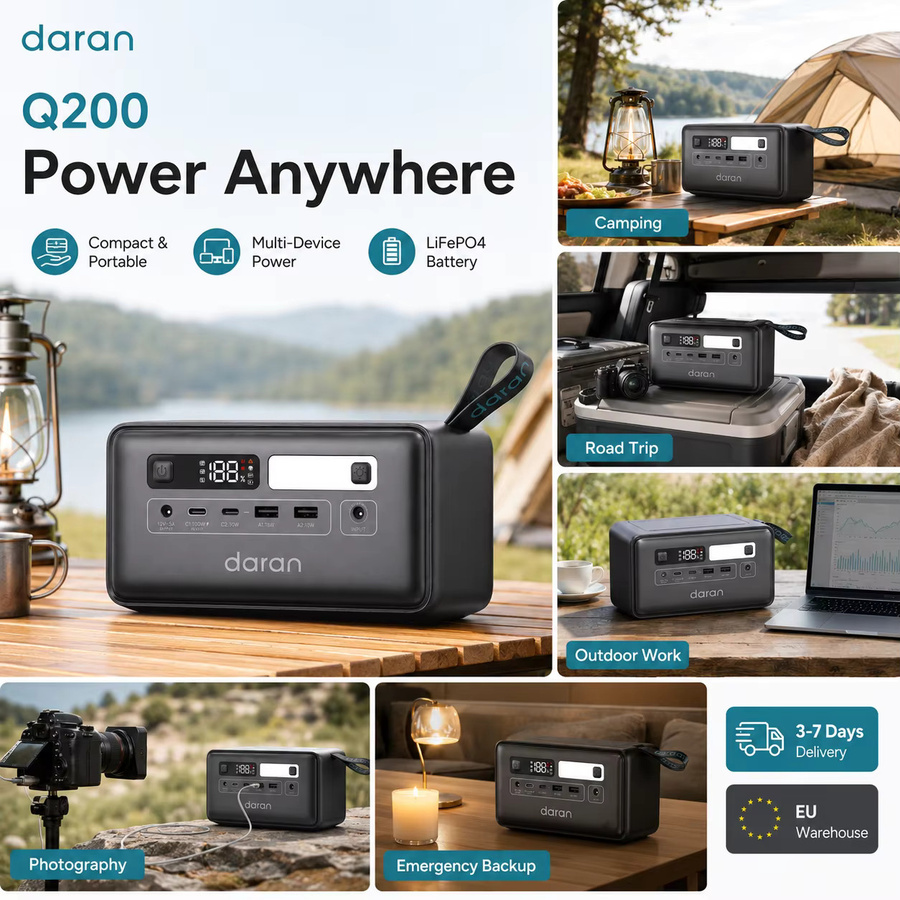 Tragbare Powerstation Daran Q200 in Schwarz mit 192Wh Kapazität, LiFePO4 Akku und 100W PD Schnellladung via USB-C für Camping und Reisen - Bild 4