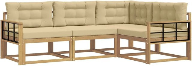 vidaXL Outdoor-Sofagarnitur in L-Form aus Akazienholz mit Kissen, Weiß und Beige - Bild 1