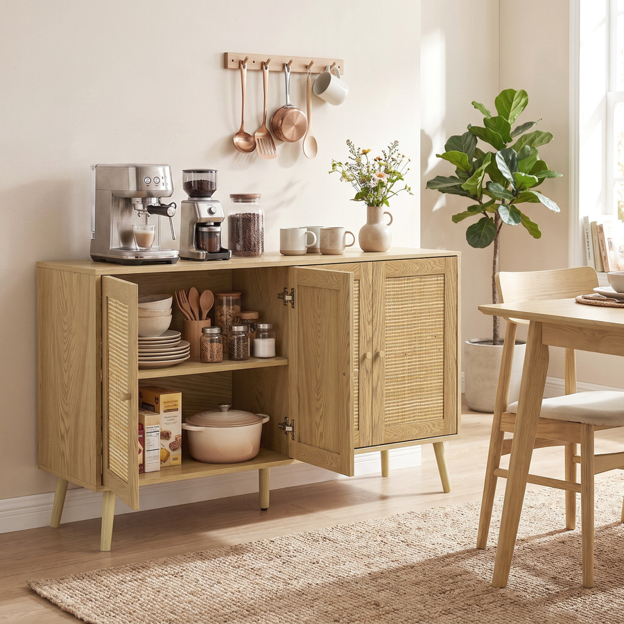 HOMCOM Sideboard Küchenschrank im Boho-Stil mit 4 Soft-Close-Türen und Schublade, Aufbewahrungsschrank mit verstellbaren Regalen und Rattan-Optik, Farbe: Beige, B/T/H: 140 x 40 x 75 cm - Bild 2
