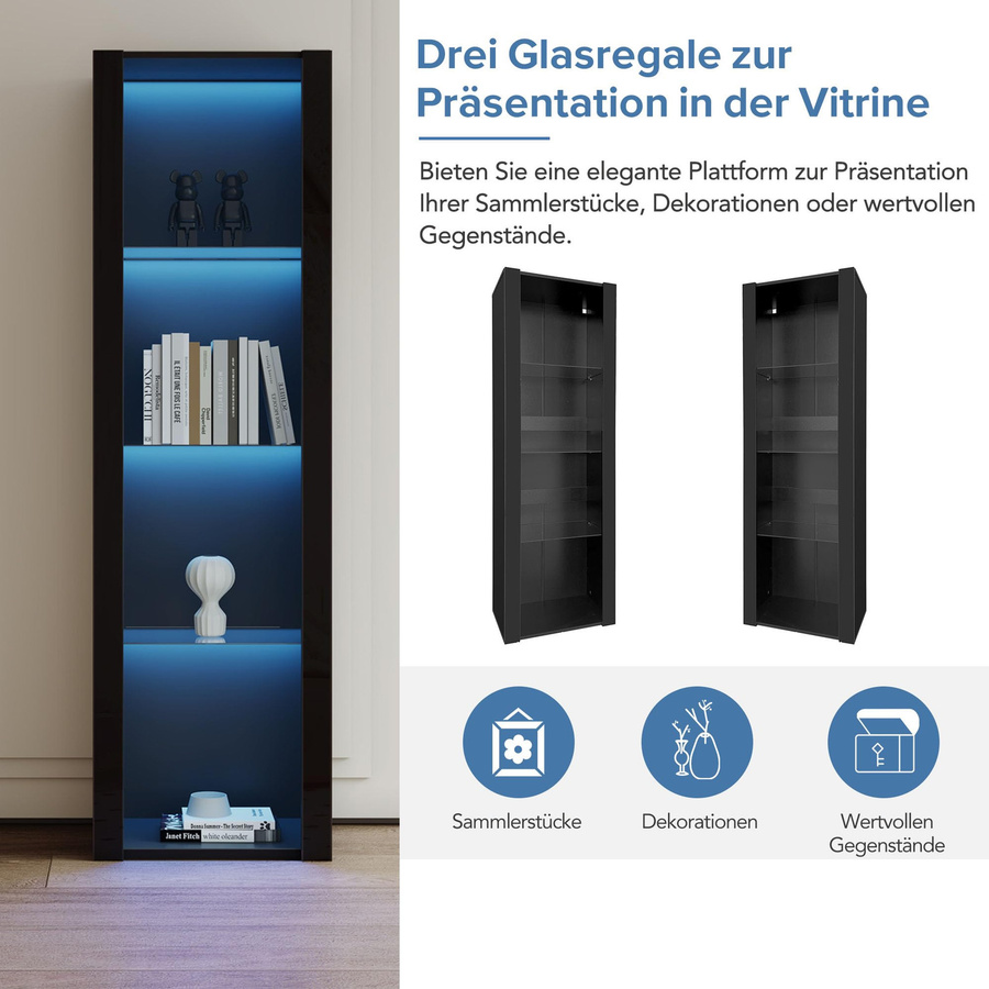 Flieks Modernes Vitrine Hochschrank in Schwarz mit Glasböden, B/T/H: 55 x 38 x 166 cm - Bild 4