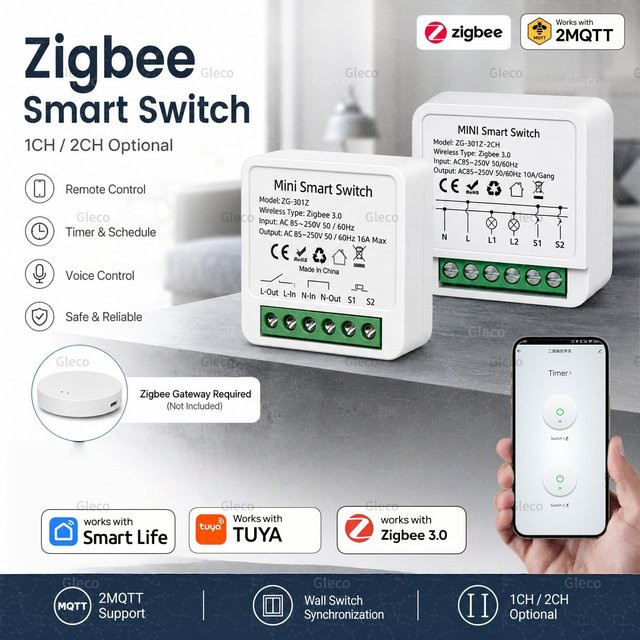 Coolo Zigbee Smart Switch 16A 1/2-fach Automatisierungsmodul in Weiß, kompatibel mit Tuya, Google Alexa und Zigbee2MQTT - Bild 1