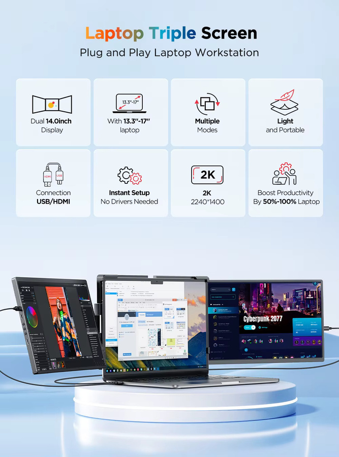 UPERFECT 14 Zoll 2K QHD Dreifach-Tragmonitor mit IPS-Display und drehbarem Ständer, Doppeldisplay-Bildschirmerweiterung für MacOS, Windows und Chrome OS, Farbe: Schwarz - Bild 2
