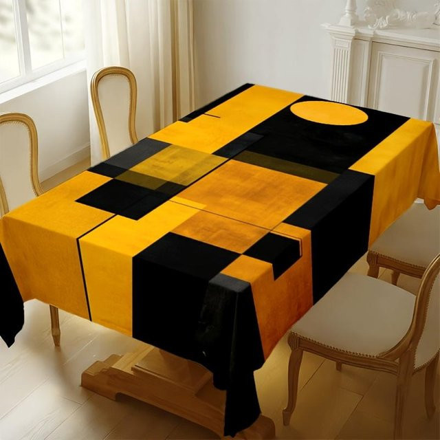 JMG Household Supplies Rechteckige Tischdecke mit geometrischem Patchwork-Design in Gelb und Schwarz, Waschbar, B/T: 140 x 140 cm - Bild 1