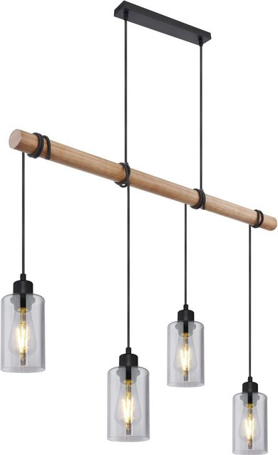 Globo Lighting Pendelleuchte Hadera 4-flammig aus Metall und Holz mit Rauchglas in Schwarz und Natur, B/H/T: 98 x 130 x 15 cm - Bild 1