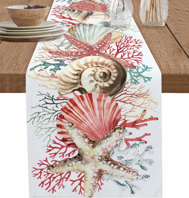 JINGYUE Pet Tischläufer aus Leinen mit Sommer Ozean Motiv in Beige und Multicolour, B: 150 cm, T: 33 cm - Bild 1