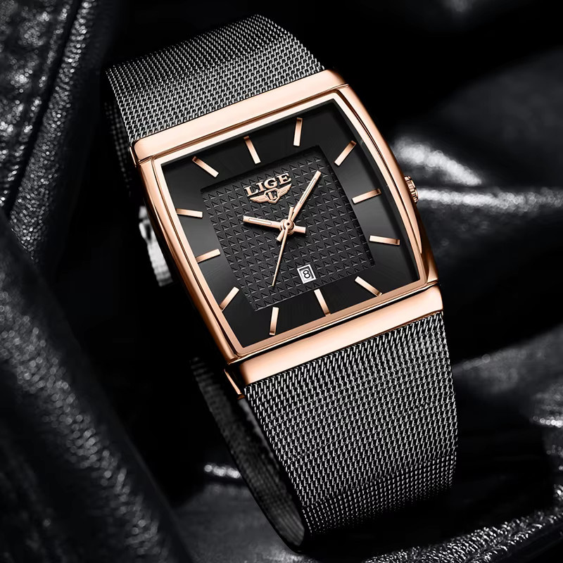 LIGE Armbanduhr, Quarz, Roségold, eckig, Milanaise, Herren - Bild 2