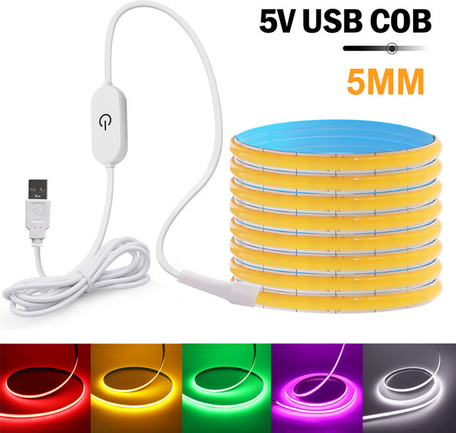 XUNATA COB LED Lichtstreifen mit USB-Anschluss und Touch-Dimmer, 5V, 320 LEDs/m, flexibler LED-Band für TV-Hintergrundbeleuchtung und Spiegel-Innenbeleuchtung - Bild 1