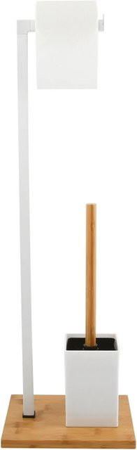 MSV WC-Garnitur mit Toilettenpapierhalter und Toilettenbürste aus Bambus und Edelstahl in Weiß-Braun, H x B x T: 69,5 x 22 x 18 cm - Bild 1