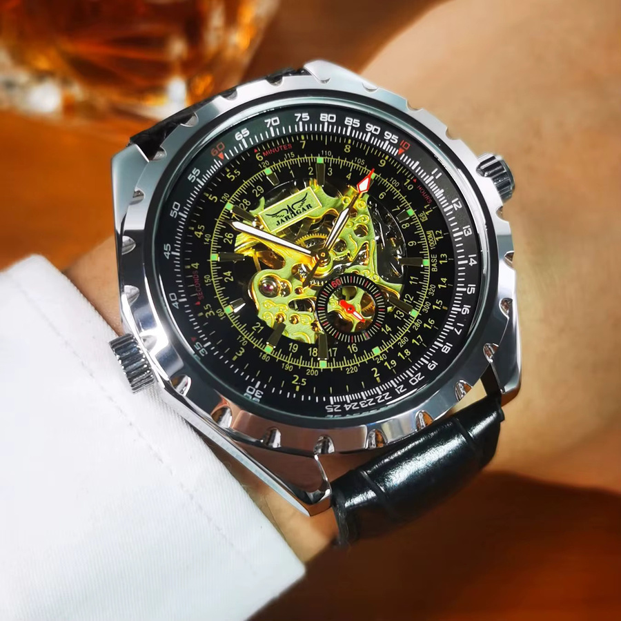 JARAGAR Armbanduhr Automatik, Skelett, Edelstahl, Leder, Herren - Bild 6