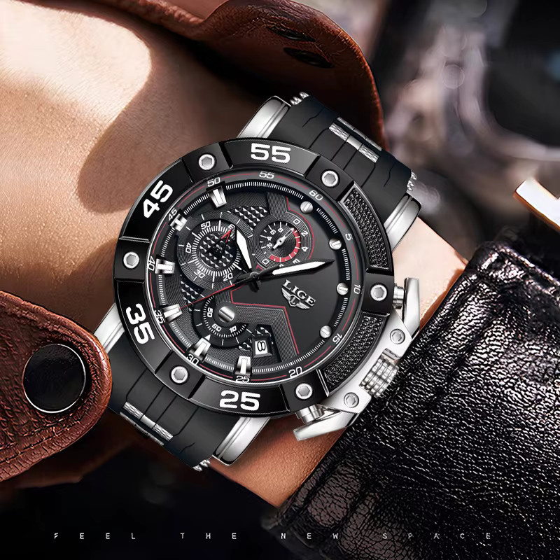 LIGE Armbanduhr Quarz, Silikon, Schwarz, Herren - Bild 3