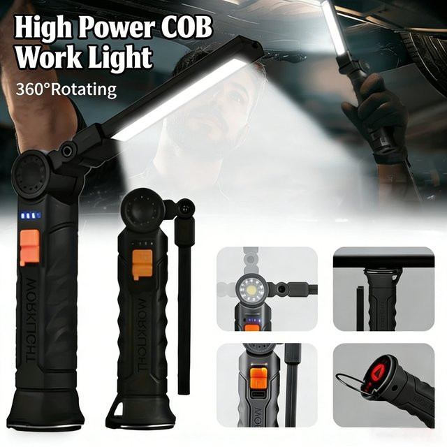 XIWANGFIRE LED-Taschenlampe in Schwarz, USB wiederaufladbare COB-Arbeitsleuchte mit Magnet und Hängemöglichkeit für Camping und Industrie - Bild 1