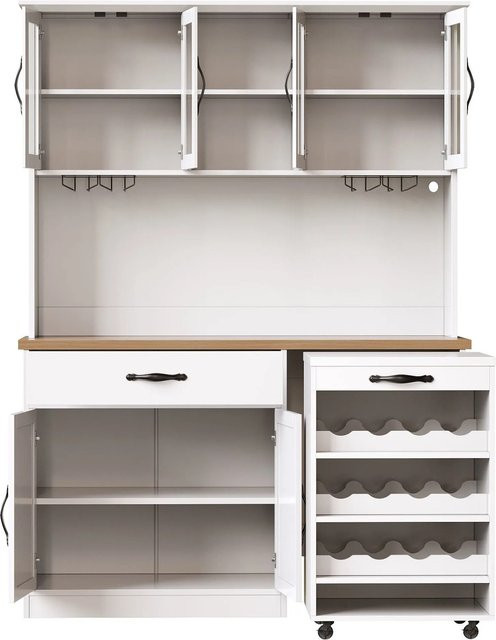 okwish Küchenschrank mit LED-Beleuchtung, Weinregal und Rollwagen in Weiß, H x B x T: 180 x 140 x 38 cm - Bild 1