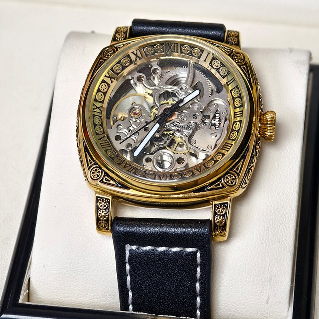 PINTIME Armbanduhr Automatik, Eckig, Gold, Leder, Herren - Bild 1
