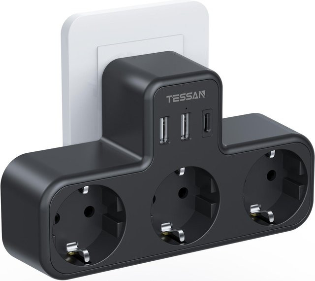 TESSAN 3-fach Steckdosenleiste mit 2 USB-A und 1 USB-C Anschluss in Schwarz - Bild 1