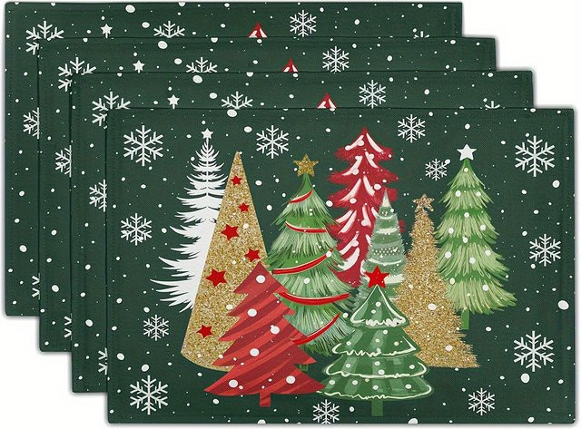 VIKAMA 4-teiliges Weihnachtsbaum Tischset mit Schneeflocken-Design und Goldrand in Grün und Gold - Bild 1