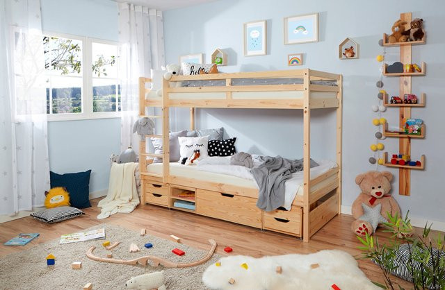 TiCAA Etagenbett Finn aus massivem Kiefer in Braun mit 4er Funktionsschubkasten, B/T/H: 209 x 96 x 151 cm - Bild 1