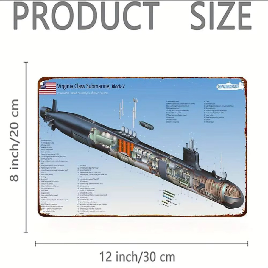 CIFBUY Vintage Virginia-Klasse U-Boot Metallschild, nautische Wandkunst aus Eisen, Mehrfarbig, Breite: 20,32 cm, Höhe: 30,48 cm - Bild 2