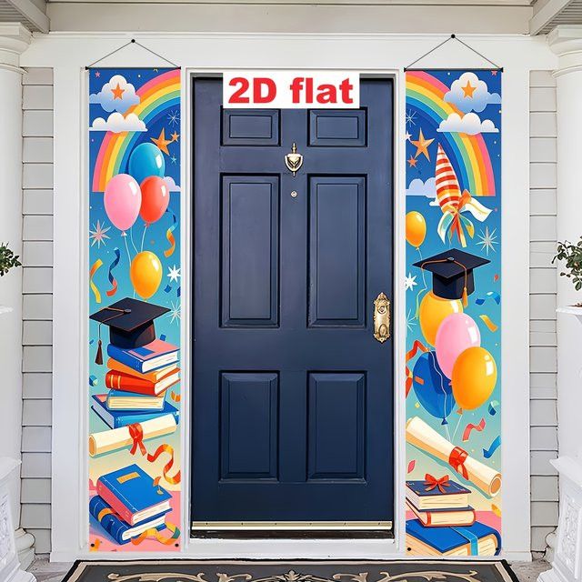 VIKAMA Abschlussbanner zur Partytürdekoration mit Ballon, Feuerwerk und Regenbogen-Design in Multicolor - Bild 1