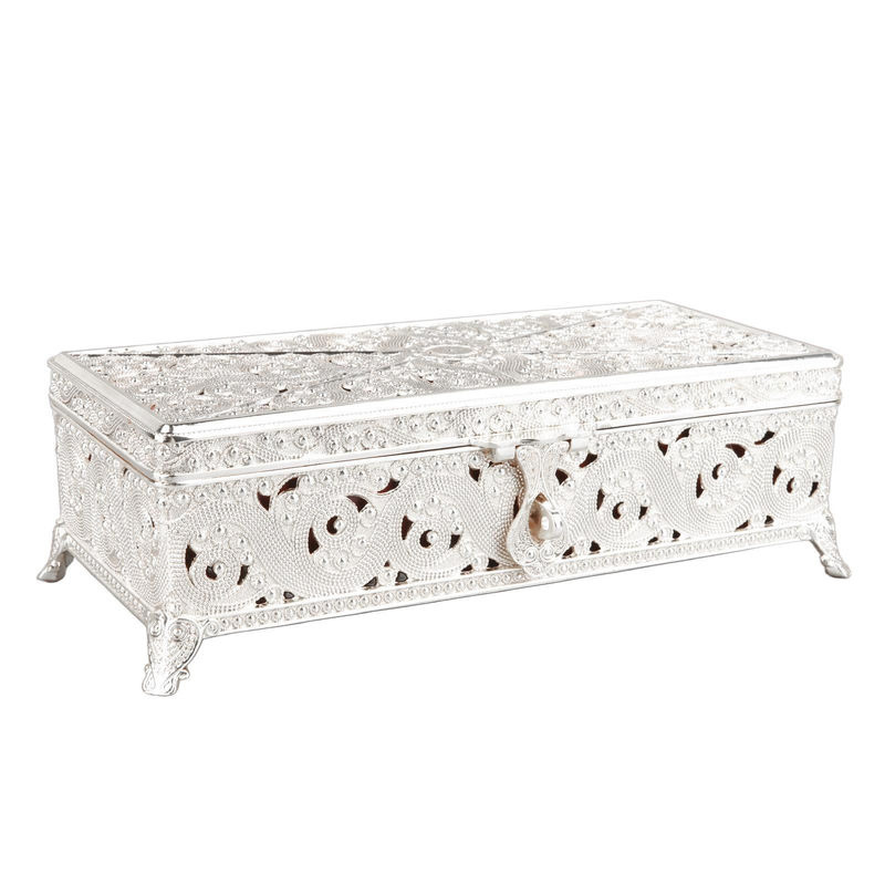Vintage Schmuckdose aus Metall mit weichem Samt-Inlay in Silber, rechteckige Schmuckschatulle mit floralem Design - Bild 3