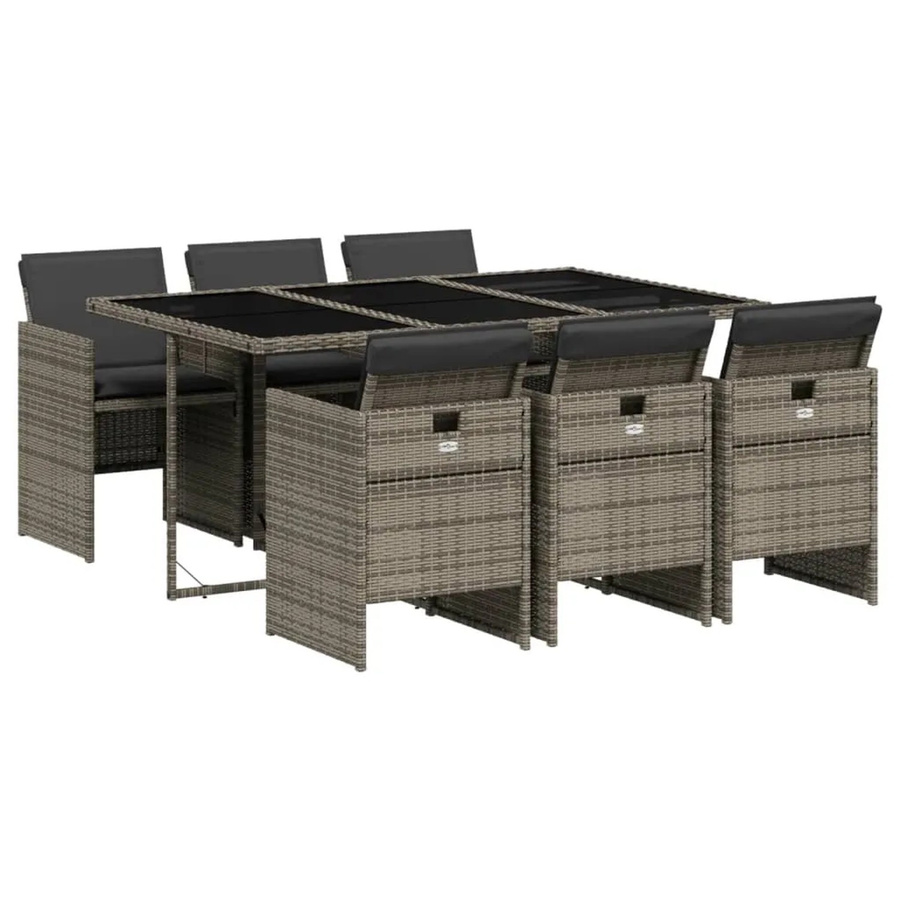 vidaXL 7-teilige Garten-Essgruppe aus Poly-Rattan in Grau mit Kissen und Hartglas-Tischplatte - Bild 2