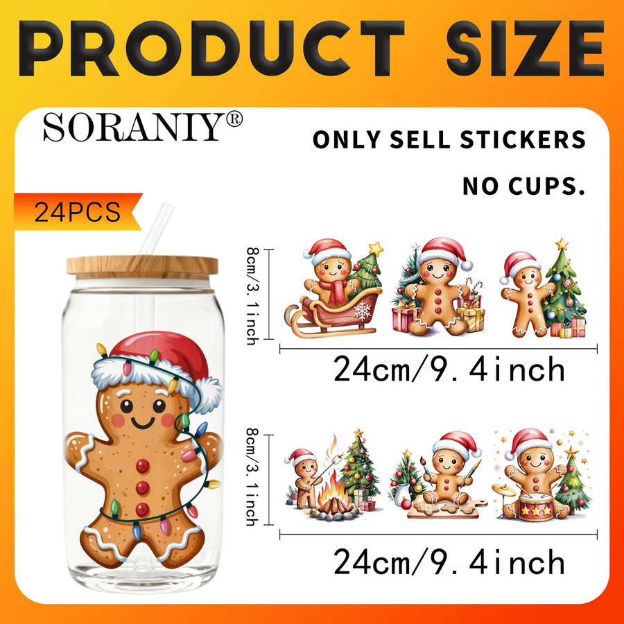 24er Set UV-DTF-Transferaufkleber mit Weihnachts-Lebkuchenmann-Motiv in Multicolour für 16 Oz Wasserflaschen - Bild 2