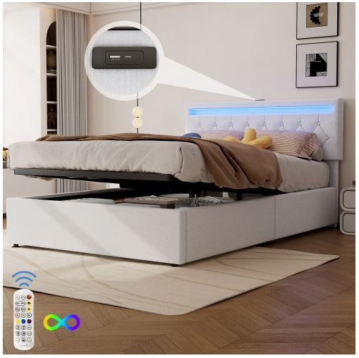 Gepolstertes MUVOE Bett in Weiß mit LED-Unterbettbeleuchtung, USB-Ladeport und Lift-up-Funktion, B/T: 140 x 200 cm - Bild 1