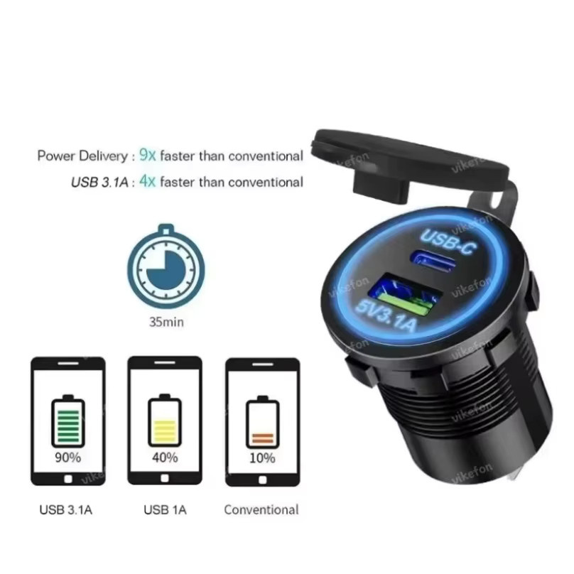 Universal USB Type-C Ladegerät mit LED-Licht für Auto, Lkw, ATV und Boot in Schwarz - Bild 3