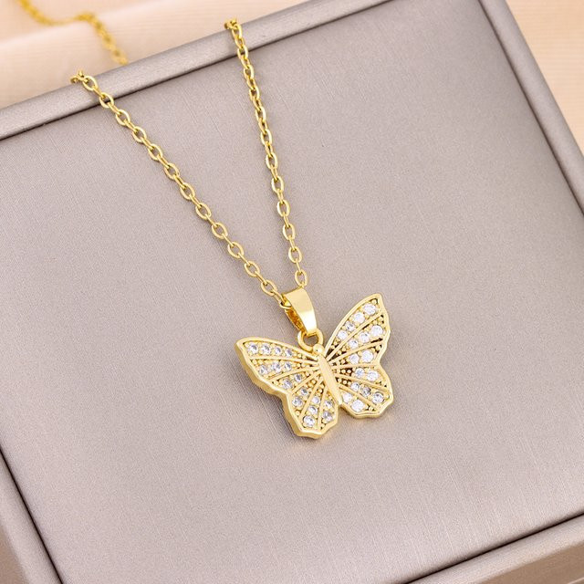Marisa Halskette, Schmetterling Anhänger, Edelstahl, Gold, Zirkonia, Kristall, Damen - Bild 1