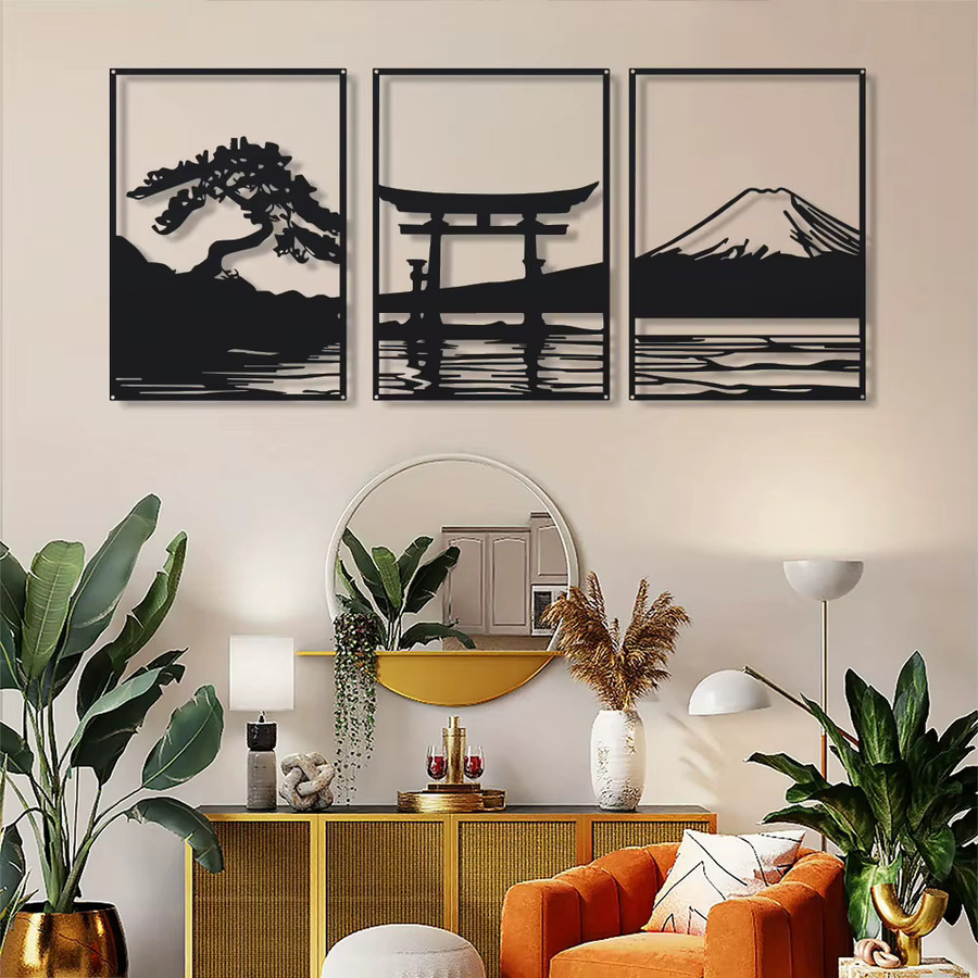 DDPNKL 3-teiliges Wandbild Set aus Metall in Schwarz-Weiß mit minimalistischen Silhouetten von Serene-Bonsai, Torii-Tor und Mt. Fuji - Bild 3