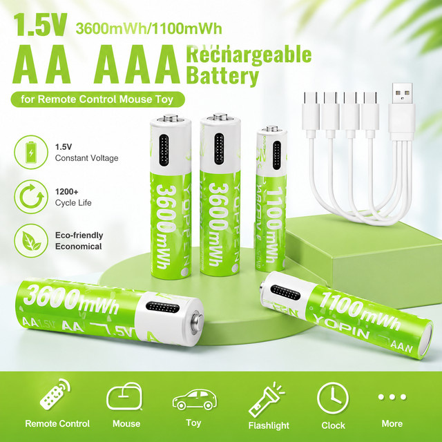 NDNNAS USB-C AA und AAA Lithium-Ionen-Akkus wiederaufladbare Hochleistungsbatterien 1,5V (3600mWh/1100mWh) - Bild 1
