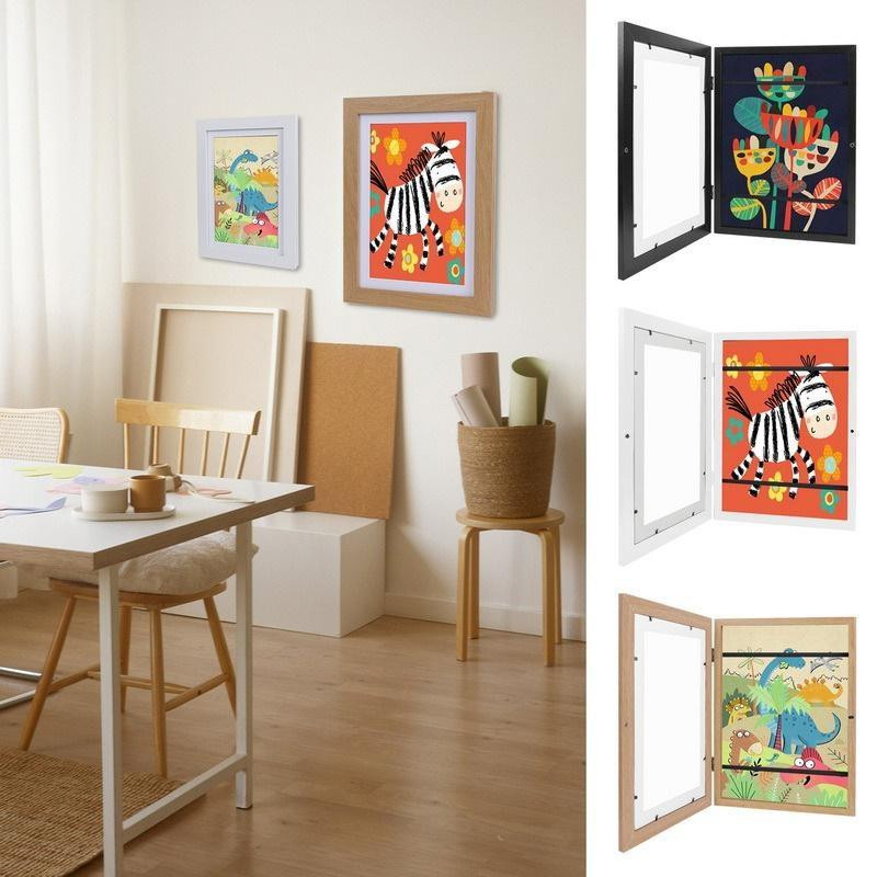 YJSTY Kinder Kunst Rahmen aus Holz mit magnetischer Vorderöffnung für A4 Zeichnungen und Bilder, Hellbraun - Bild 1