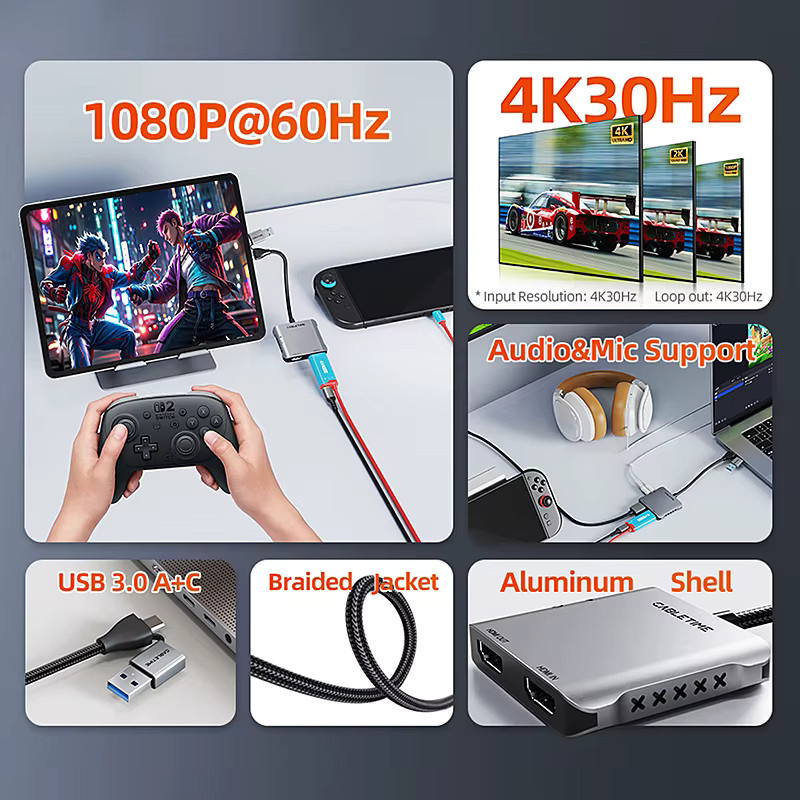 CABLETIME USB 3.0 Video Capture Card mit HDMI-Ausgang für 4K UHD und 1080P Streaming, kompatibel mit PlayStation und Nintendo Switch - Bild 4
