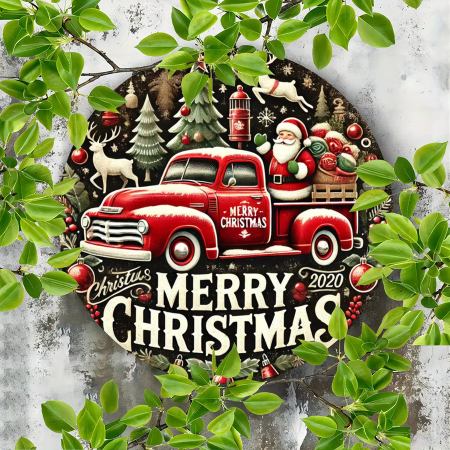 Potdemiel Rundes Metallschild Weihnachten mit Weihnachtsmann und Rentier im rustikalen LKW-Design, Farbe Rot, Durchmesser: 20,3 cm - Bild 2