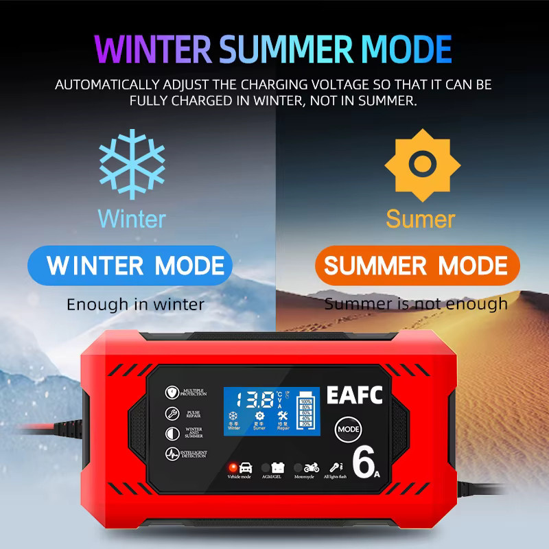 EAFC Intelligentes Autobatterie Ladegerät 12V 6A mit Impuls-Reparaturfunktion und automatischem Stopp in Rot - Bild 4
