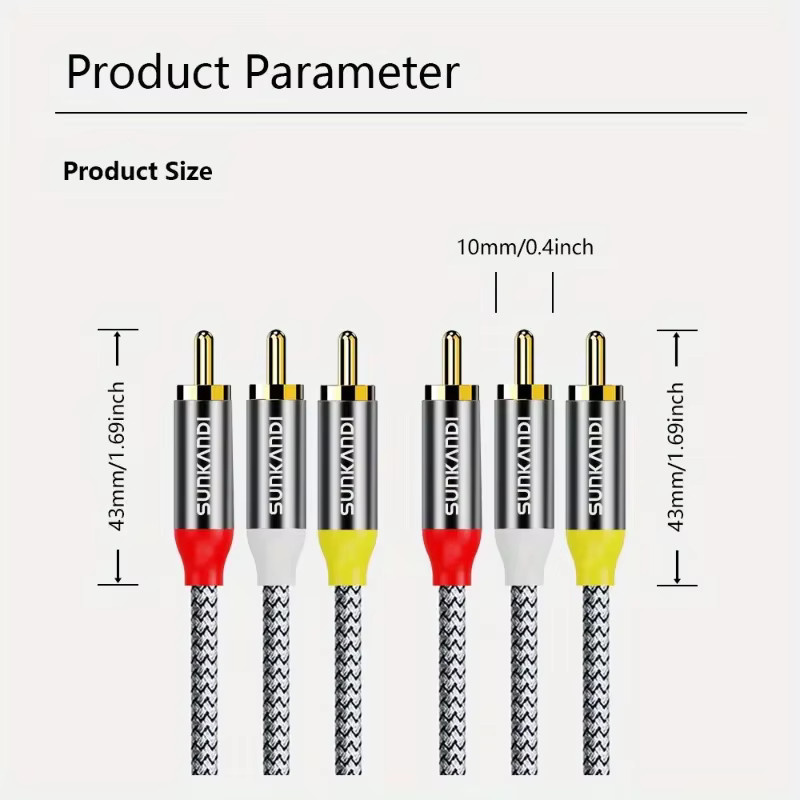 SUNKANDI Audio-Video-RCA-Kabel, 3-RCA-Stecker auf 3-RCA-Stecker, 24 Karat vergoldetes AV-Audiokabel in Gold und Multicolour für Lautsprecher, Verstärker und DVD-Player - Bild 5