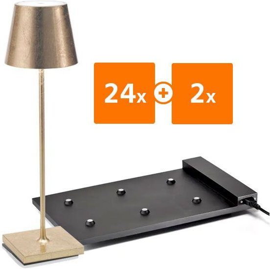 24 Zafferano Poldina Pro LED-Akkuleuchten mit 2 Multikontakt-Ladestationen in Gold/Messing, dimmbar und IP65 wetterfest - Bild 1