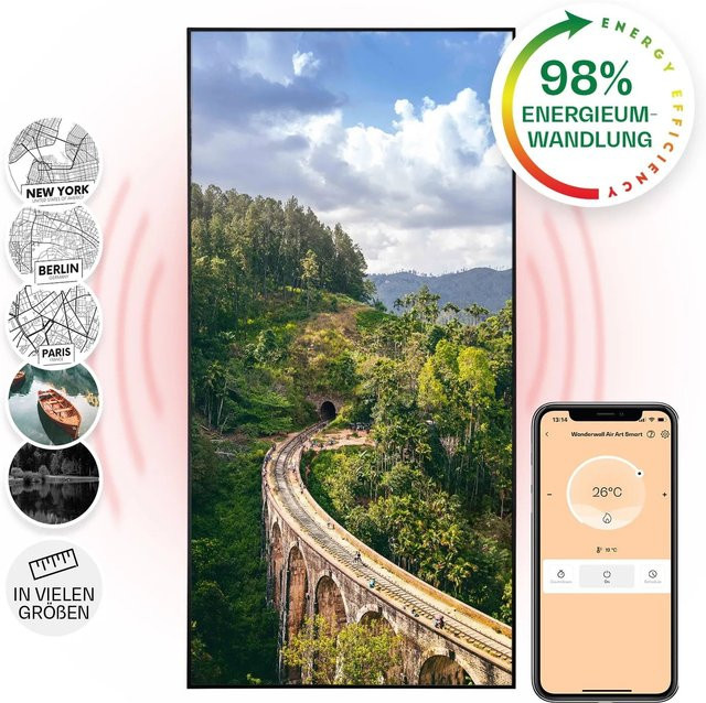 Klarstein Wonderwall Air Art Smart Infrarotheizung mit App-Steuerung, Motiv Zug, Schwarz, B: 120 cm, H: 60 cm, 700 W - Bild 1
